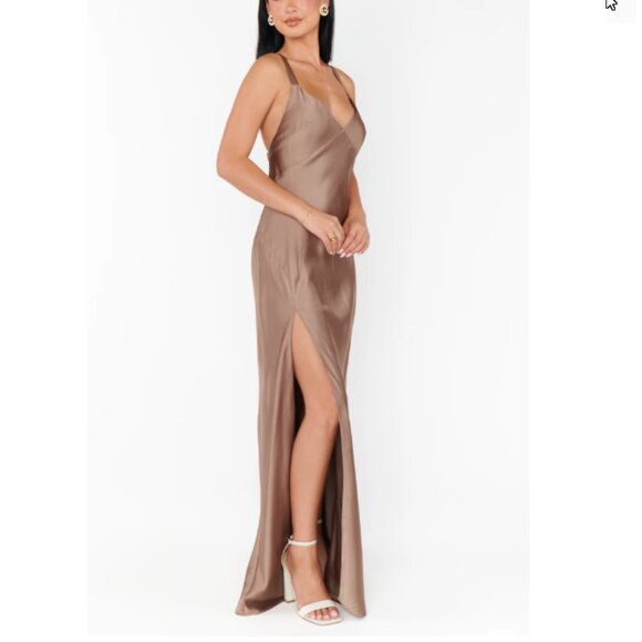 Show Me Your MuMu Anderson Taupe Satin Maxi Dress Size XS NWOT - Picture 1 of 12